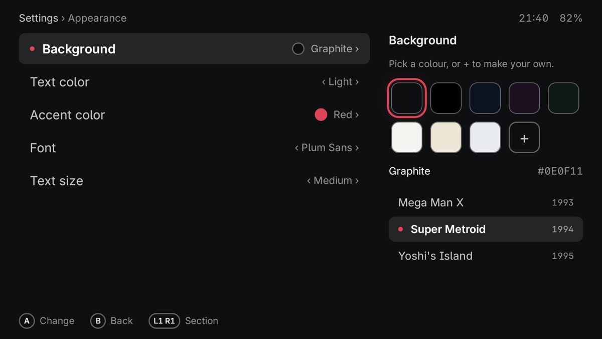 Appearance settings: background colours and a live preview